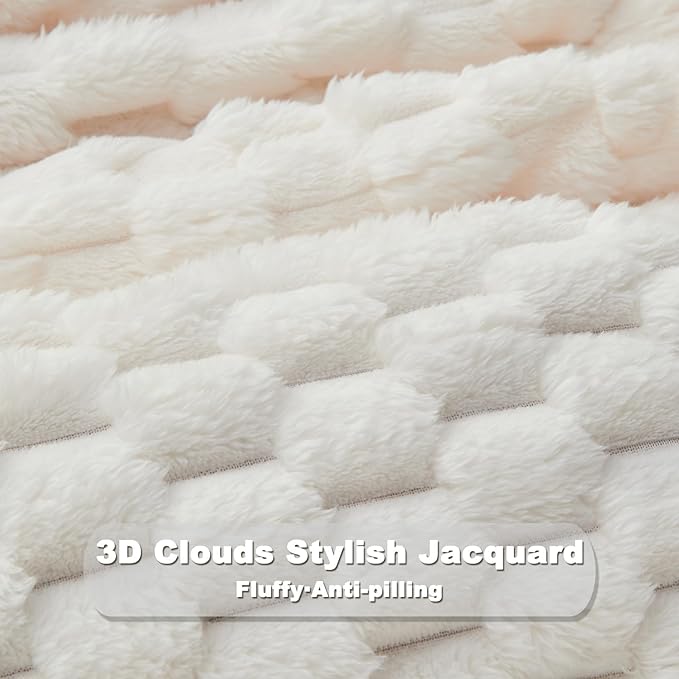 NEWCOSPLAY Super Soft Queen Blanket Ivory Premium Silky Flannel Fleece 3D Clouds Stylish Jacquard Lightweight Bed Blanket All Season Use 350GSM (Ivory, Queen(90"x90"))