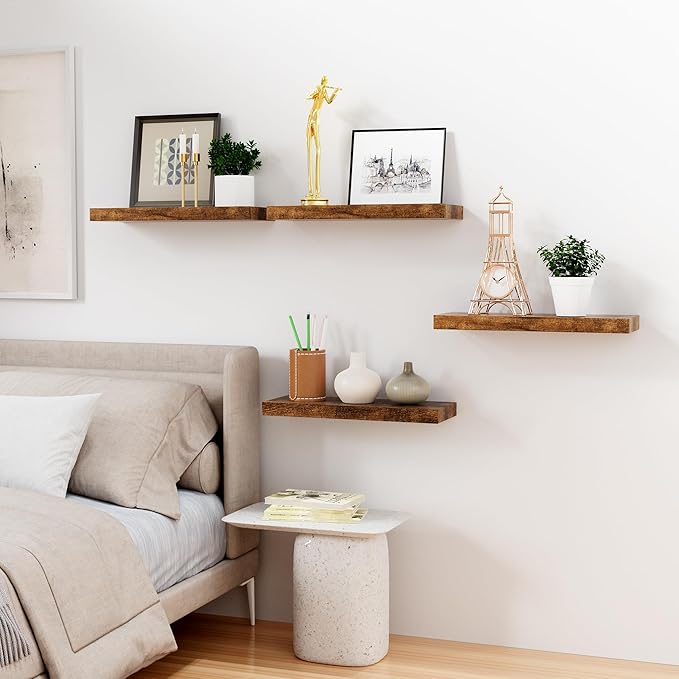 Bellsal Floating Shelves for Wall, Rustic Brown Wood Wall Shelf Set of 4, 16" Wall Mounted Floating Shelf for Kitchen