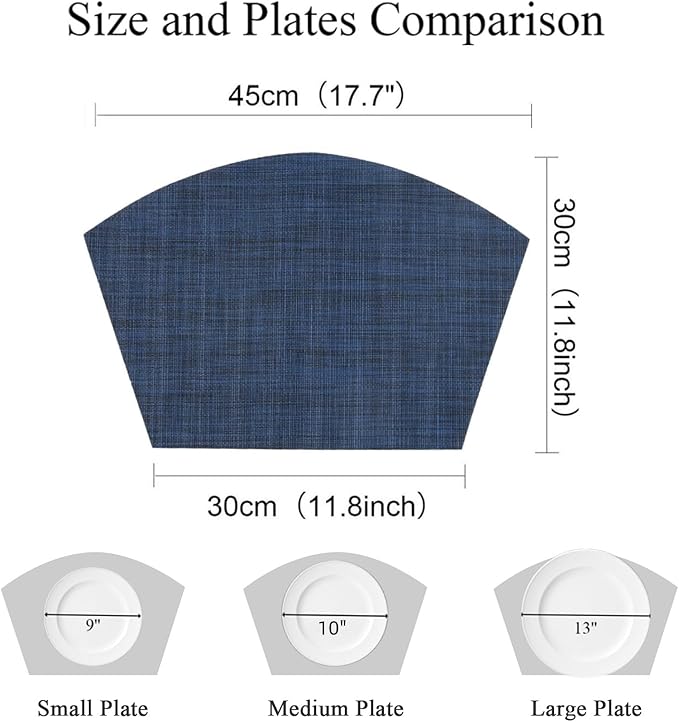 SHACOS Wedge Placemats Set of 8 Woven Vinyl Plastic Placemats for Small Round Table Place Mats Wipe Clean Non Slip Table Mats, Blue Black