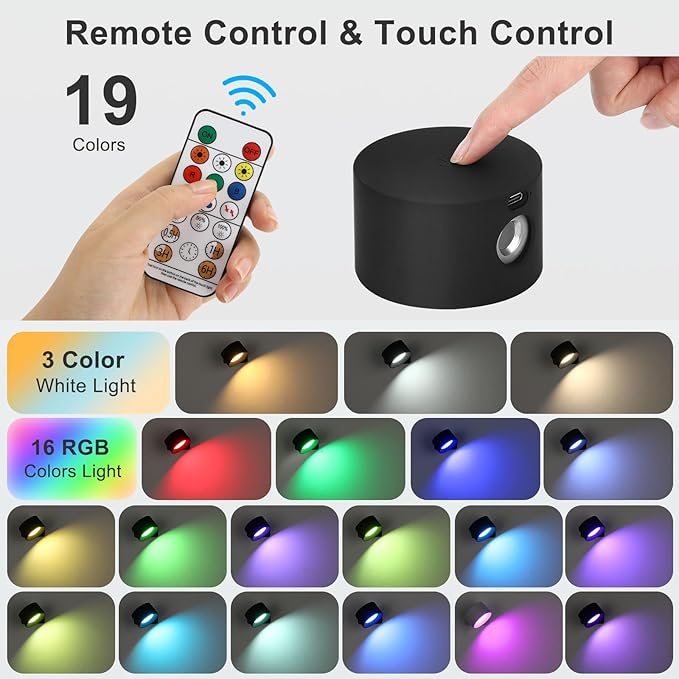 Lightess 2PC LED Wall Sconces, 19 Colors Dimmable Wall Mounted Lamp with Rechargeable Battery Operated USB, 360°Rotate Magnetic Ball, Touch & Remote Control, Cordless Wall Light for Reading Bedside
