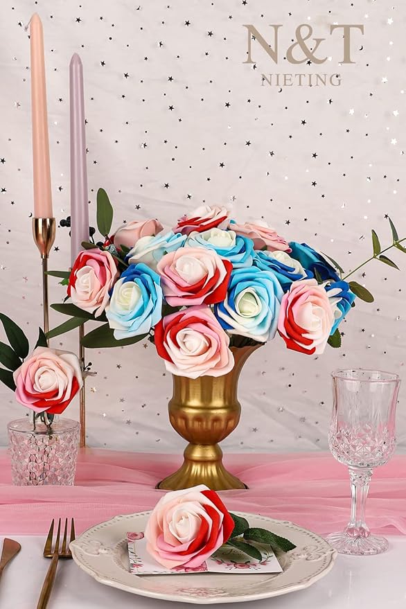 N&T NIETING Artificial Flowers Roses, 25Pcs Whimsical Blue Fake Foam Roses with Stems for DIY Wedding Bouquets Baby Shower Centerpieces Floral Arrangements Party Home Decor