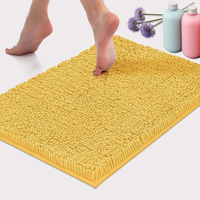 LuxUrux 2 piece Bathroom Rug Set - Premium Plush Bath Mat Shower Rugs, 1" Chenille Microfiber, Non-Slip & Absorbent, Soft & Cozy, Durable Stylish (20x30 & 16x24 inches, Yellow)