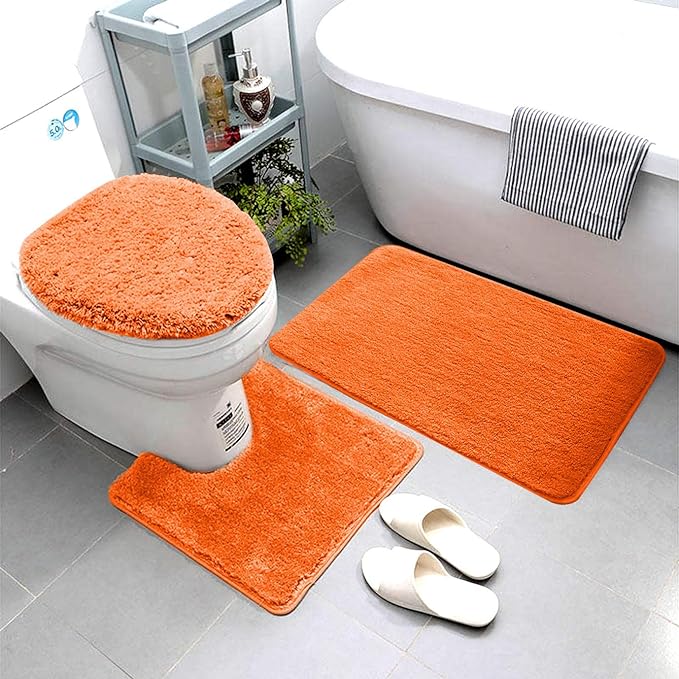 Smart Linen 3 Piece Bathroom Rug Set Includes Bath Rug, Contour Mat and Toilet Lid Cover, Machine Washable, Super Soft Microfiber & Non Slip Bath Rugs with Rubber Backing Solid (Orange)