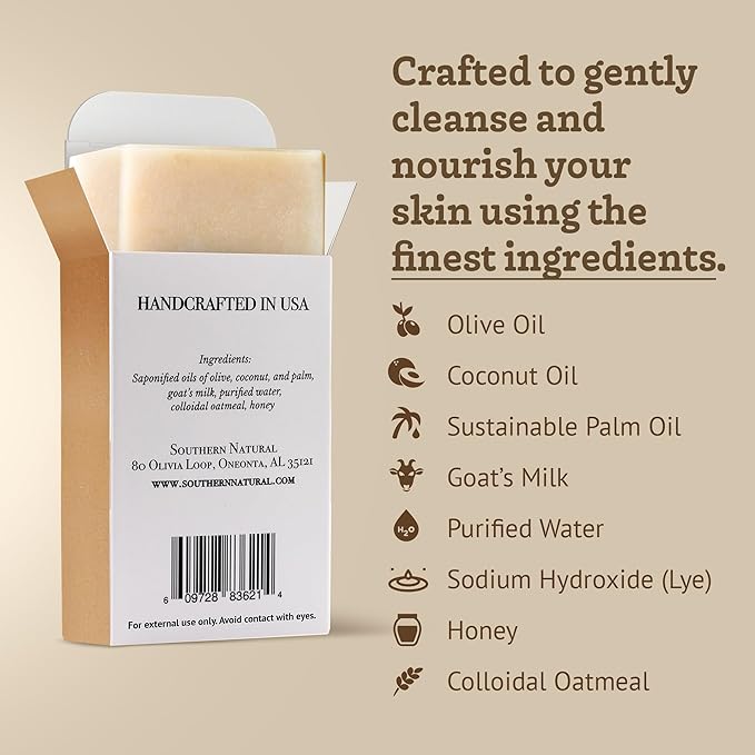 Southern Natural Oatmeal Soap Bar (3 Pack) Unscented Goat Milk Soap Bars With Colloidal Oatmeal & Honey. For Dry, Sensitive Skin. Fragrance Free Cleanser