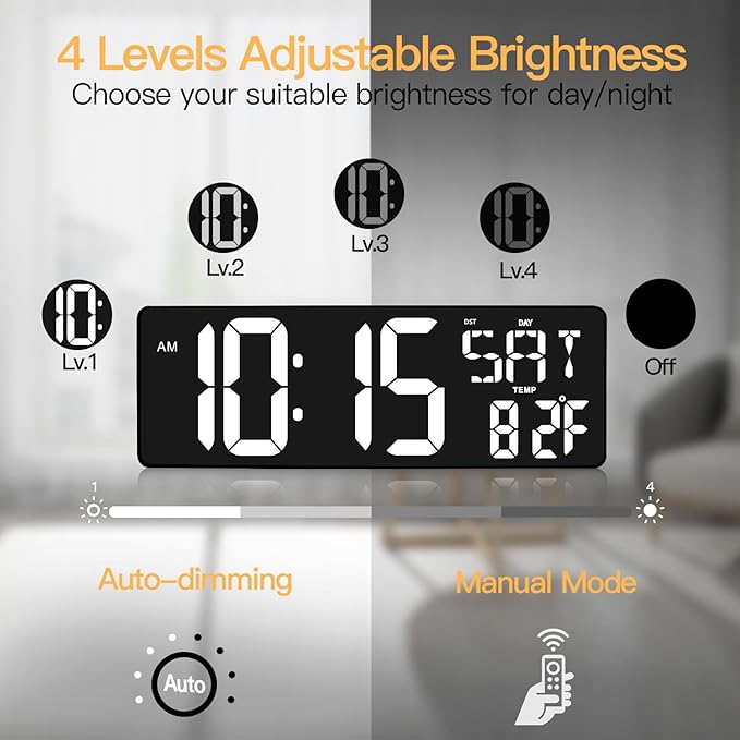 XREXS 17.2" Digital Wall Clock with Remote Control, Bluetooth Sync Time LED Digital Clock for Living Room Decor, Auto DST, Temperature for Living Room, Gift for Elderly and Teens