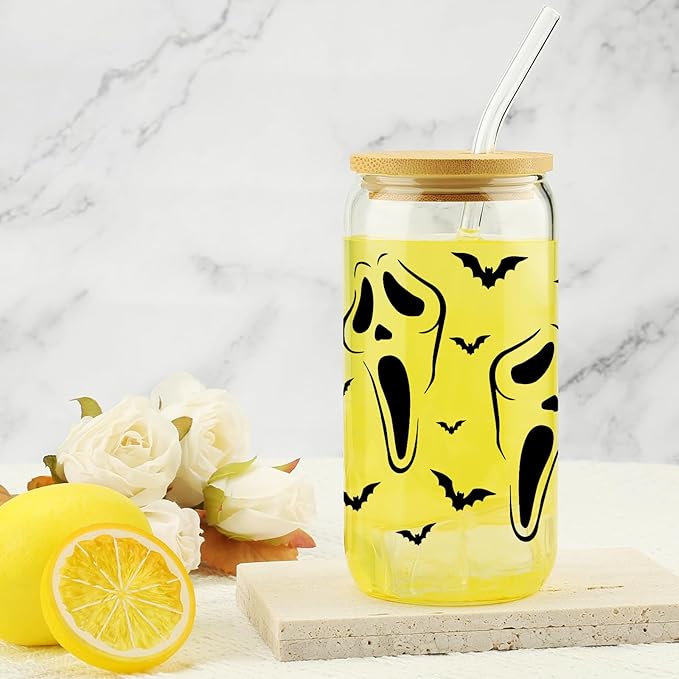 Gifts for Her, Halloween Friend Gifts, Fall Gifts, Halloween Coworker Ghost Bats Can Cup, Halloween Cup Gift for Family, Iced Coffee Cup, Spooky Season Mug, 16 Oz Glass Cup with Bamboo Lid & Straw