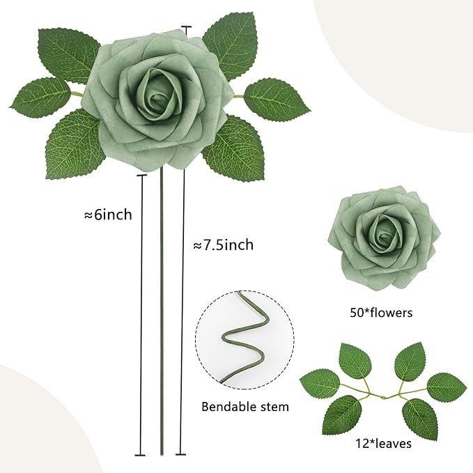 Artificial Flowers 50Pcs Elf Gree Roses Real Looking Foam Fake Roses with Leaves for DIY Wedding Bouquets Bridal Shower Centerpieces Party Decorations (Elf Green, 50)
