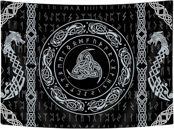 Norse Tapestry, Viking Tapestry Wall Hanging Raven Ancient Rune Dragon Totem Norse Mythology Tapestries, Black White Mystical Geometric Norse Mythology Tapestry Wall Hanging for Living Room Bedroom Decor, 60x40 Inch