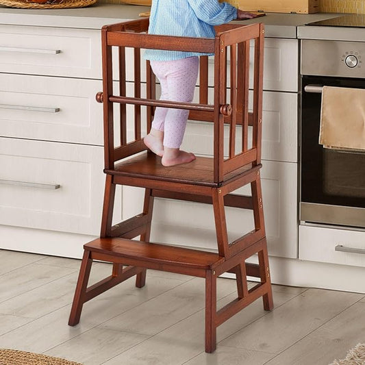 COSYLAND Kids Kitchen Step Stool, Toddler Standing Tower with CPC & FSC Certification, Removable Anti-Drop Railing Safety Rail Enjoys Unique Patented Design A Anti-tip Stable Structure Red Brown