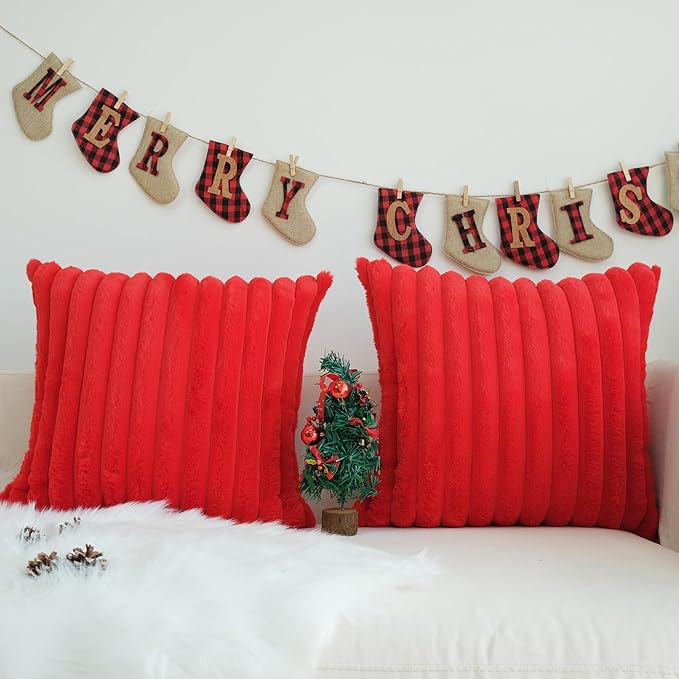 JOJUSIS Pack of 2 Faux Fur Plush Decorative Christmas Red Throw Pillow Covers Couch Cushion Case Soft Pillowcases (Red, 22 x 22-Inch)