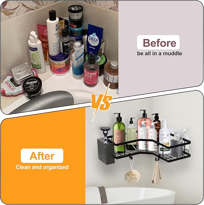 Adhesive Corner Shower Caddy, 2 Packs Shower Organizer Shelves No Drilling Stainless Steel Shower Storage Rack with Hooks & 2pcs Toothpaste Holders for Bathroom Rustproof, Space Saving (Black 4pcs)