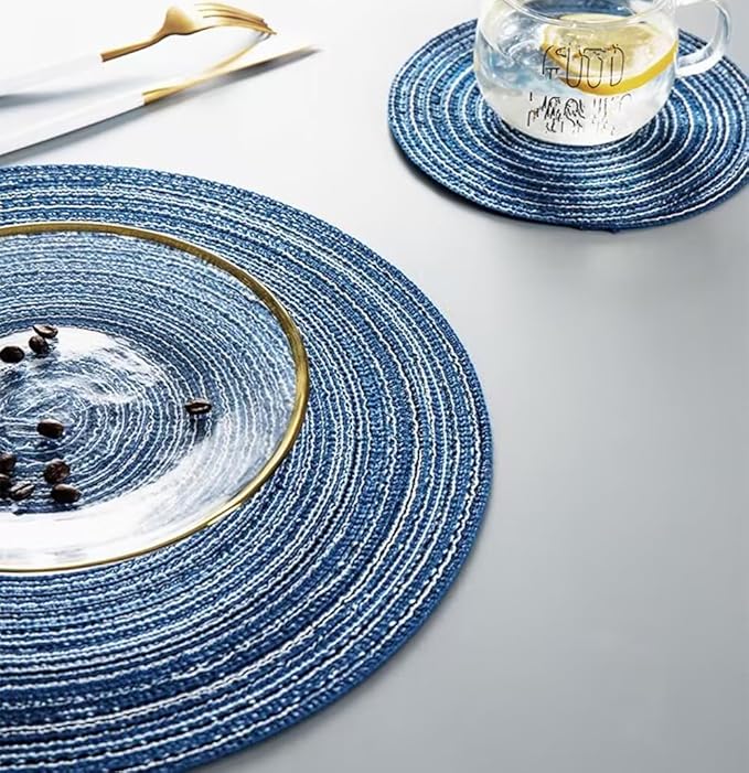 Round Placemats Set of 4 Round Braided Place mats 15 Inches Table Mats for Dining Tables Washable Heat Resistant Place mats for Party, Tabletop Accessories (Blue,4)