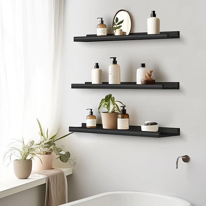 Annecy Floating Shelves Wall Mounted Set of 3, 23.6 Inch Black Rustic Wood Shelves, Storage Shelves with Guardrail Design for Bedroom, Bathroom, Kitchen, Office, 3 Different Sizes