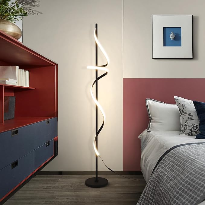 Modern Spiral Floor Lamp with Remote Control, 48W LED Floor Lamps for Living Room, 3 Colors Dimmable Tall Standing Lamp for Living Room, 60'' Modern Floor lamp for Bedroom Black