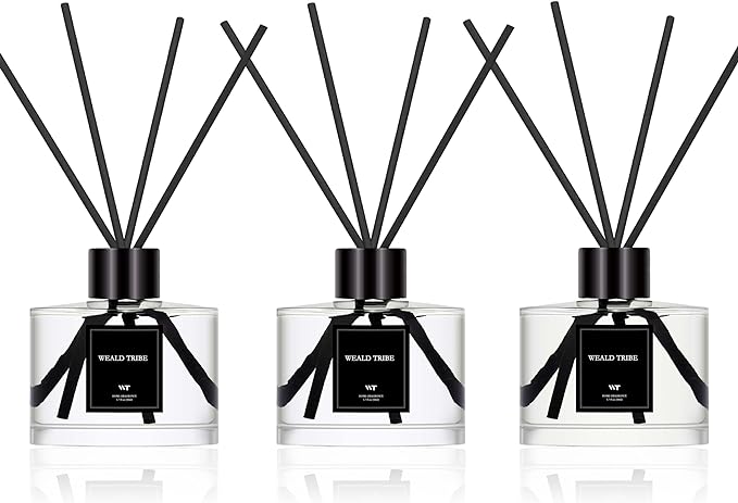 WEALD TRIBE Reed Diffuser Set Of 3 For Bathroom Air Fresheners, Oil Defusers Sticks | Bamboo, Sage & Sea Salt, Sandalwood Ebony Scent(1.7 fl oz Each Pack) Home Fragrance With 12 Sticks | Shelf Decor
