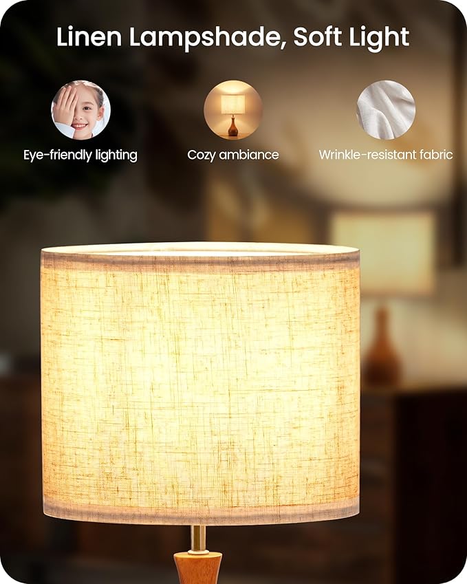 Small Table Lamp, Wood Desk Lamp with Bottle-Shaped Base and Linen Lampshade, Bedside Lamp with Cable, E26 Base, Bulb Not Included, for Living Room, Bedroom, Beige and Dark Natural LE09TL05