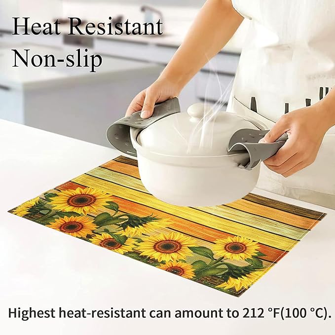 Sunflower Table Placemats Set of 4 - Heat Resistant Washable Wipeable Linen Fabric Rectangle Place Mats Table Mats for Kitchen Dining Dinner- 18 X 12 Inch, Yellow