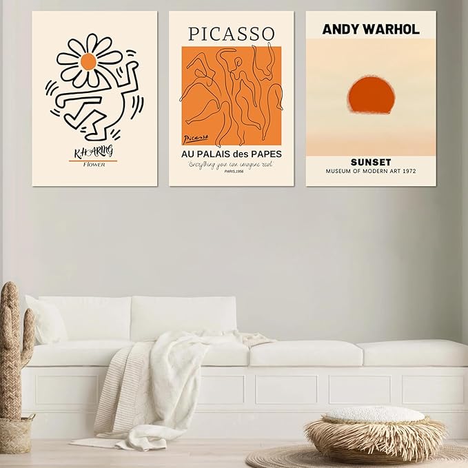 Abstract Wall Art Set of 3, Large Framed Canvas Wall Art Geometric Line Sunset Artwork Painting, Minimalist Wall Art for Living Room, 16"x24" Modern Wall Art Decor for Bedroom, Bathroom, Hotel, Office