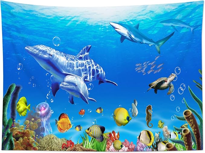 HVEST Blue Ocean Dolphin Tapestry Shark Sea Turtle and Tropical Fish Coral Wall Art Summer Nature Landscape Tapestry Wall Hanging for Kids Bedroom Living Room Dorm Party Wall Decor,92.5W X 70.9H inch