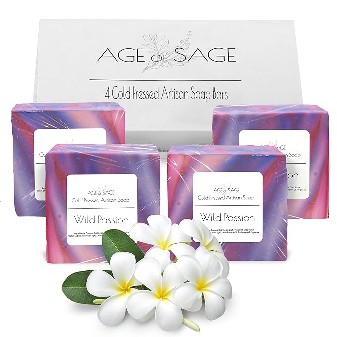 Handmade Natural Bar Soap Gift Set - 100% All Organic Vegan Bath Moisturizing Handmade Artisan Scented Cold Process Fragrant Soaps with Essential Oil - 4 Pack (Wild Passion)