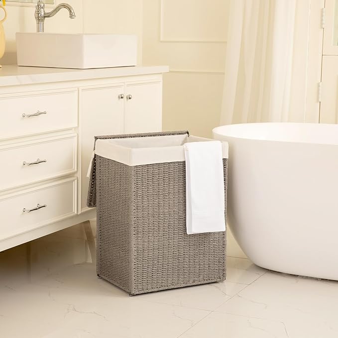 OIAHOMY Laundry Hamper with Lid, 23.8 Gal (90L) Wicker Hamper with Removable Liner Bags, Handwoven Clothes Basket with Handles, Foldable Woven Paper Rope Basket for Laundry Room, Bedroom-Grey