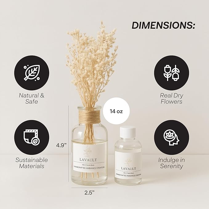 Flower Reed Diffuser Set for Home, Office, Living Room, Bedroom - Fragrance Gift Set - Bathroom Diffusers - Farmhouse Rustic Decor - Room Aroma Fresheners - French Block Scent