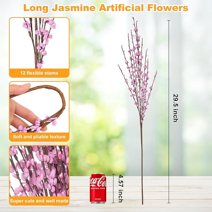 10 Pcs 29.5" Long Jasmine Artificial Flowers Fake Flowers Dry Branches for Mother's Day Home Office DIY Floral Art Plant Wedding Table Centerpieces Restaurant Vase Decoration (Macaron Pink)