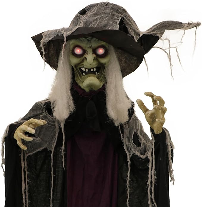 Haunted Hill Farm Life-Size Poseable Scary Talking Witch, Halloween Animatronic with Touch Activated Lights and Sound, Battery Operated Indoor or Covered Outdoor Halloween Decorations, Fright Props