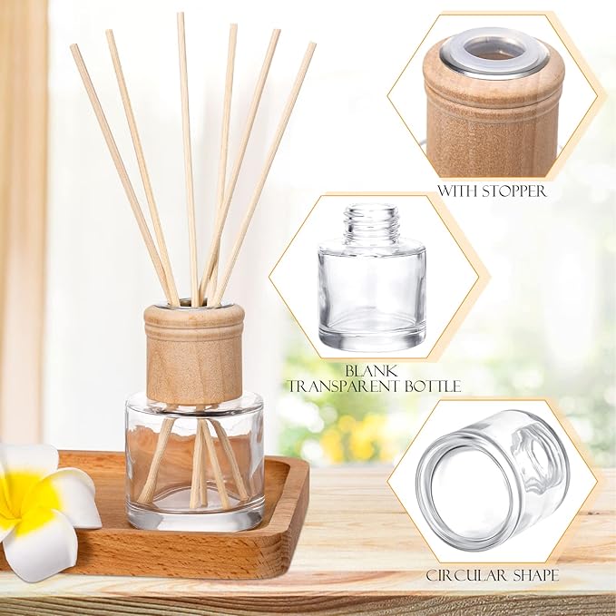 Roshtia 30 Set Reed Diffuser Bottle Empty Refillable Fragrance Glass Diffuser Bottles Set with Wooden Caps Rattan Sticks 50ml 1.7 oz Round Glass Jars for DIY Fragrance