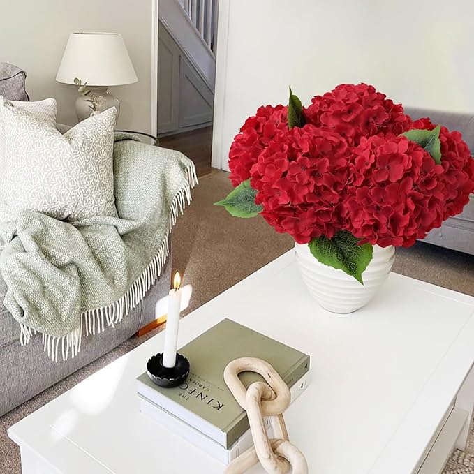 5Pcs Red Silk Hydrangea Artificial Flowers, 20Inch Large Halloween Christmas Lifelike Flowers for Indoor Bouquet Table Centerpieces Floral Arrangements Home Wedding Home
