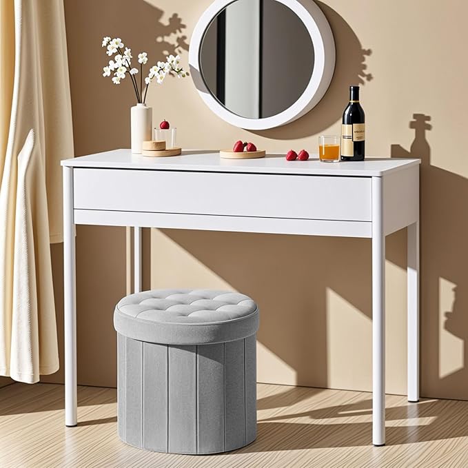 Bsketa® Folding Storage Ottoman Round 14" x 14" x 13"Inch Foot Stool with Thicker Foam Padded Seat Small Velvet Storage Ottoman Bench Foot Rest for Living Room Foldable Coffee Table(Grey)