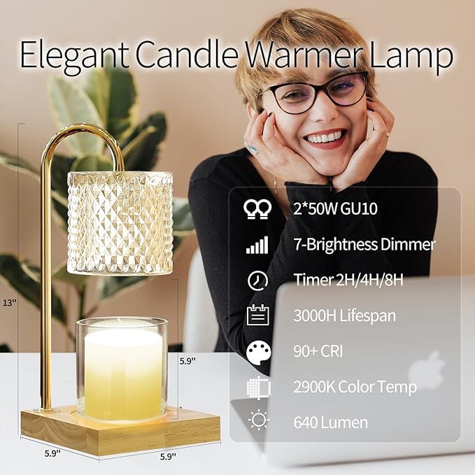Candle Warmer Lamp, Candle Lamp Wax Warmer Heating, Timer & Dimmer 7-Levels, Fits Cup Jar Candle, Top Melting, Crystal Heater Lamp for Scented Wax, Elegant Home Decor, Amber Glass