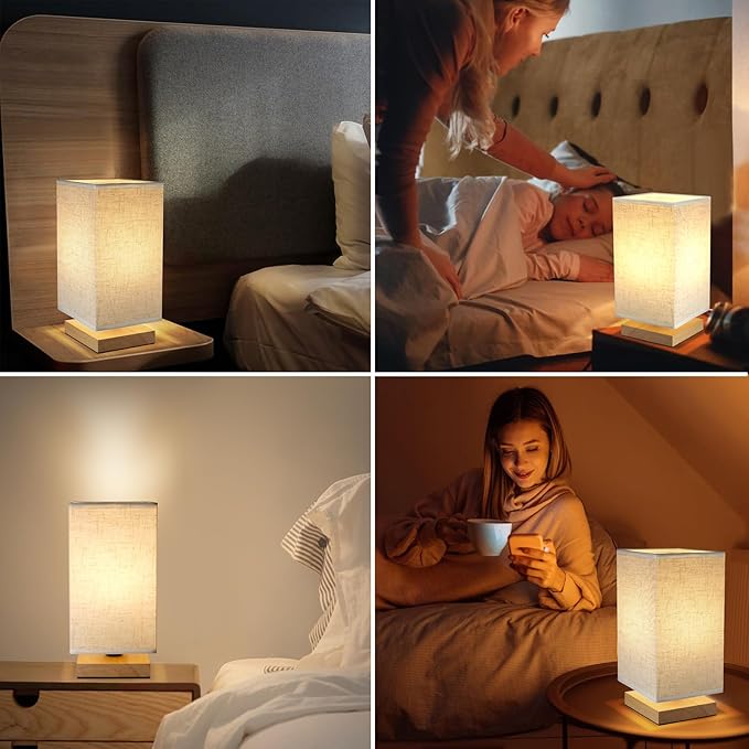 Small Square Bedside Table Lamp for Bedroom set of 2,Minimalist Wood Base & Round Fabric Shade,Mini Cute Cozy Warm Nightstand Boho Lamp, Study Desk Night Stand Light for Room,Dorm,Nursery,Living Room