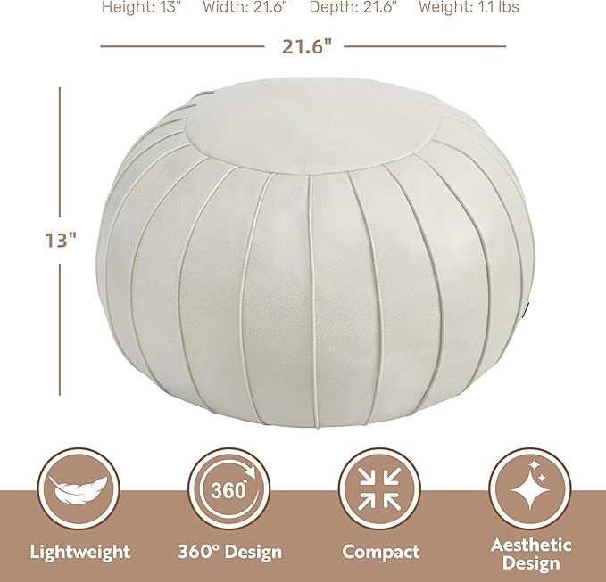 Thgonwid Handmade Storage Pouf Ottoman Foot Stool - Faux Suede Round Floor Cushion 21.6"x13" for Living Room, Bedroom, Wedding Decor, Unstuffed (Beige)