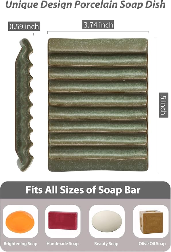 Soap Holder Soap Dish, Ceramic Soap Saver Bar Soap Tray Non-Slip Bathroom Accessories for Soap, Sponges, Scrubber, Razor, Green