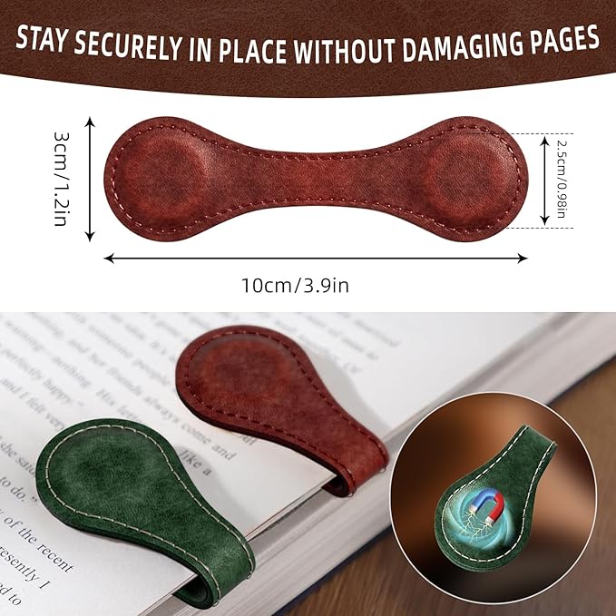 Set of 3 Magnetic Bookmarks, Vintage Genuine Leather Book Marks for Reading, Magnetic Page Clips Book Markers, Best Gift for Book Lovers Reading Men Women Teachers Students(Burgundy+Green+Coffee)