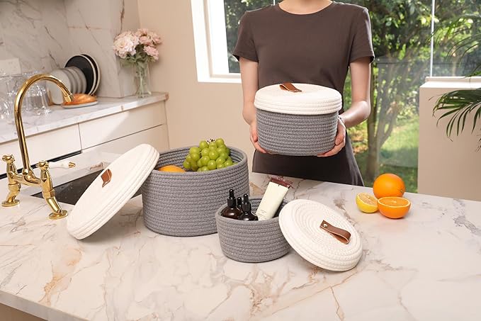 Cottonphant Set of 3 Stylish Round Woven Baskets with Lids - Elegant Storage Solution for Home Decor and Organization - Compact Shelf Baskets (Grey/White Lid, 10"x6"-8"x5"-6"x4")