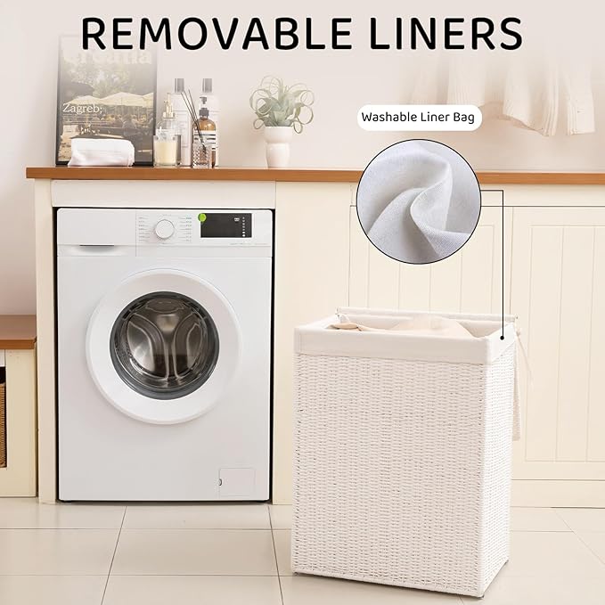 OIAHOMY Laundry Hamper with Lid, 23.8 Gal (90L) Wicker Hamper with Removable Liner Bags, Handwoven Clothes Basket with Handles, Foldable Woven Paper Rope Basket for Laundry Room, Bedroom-White