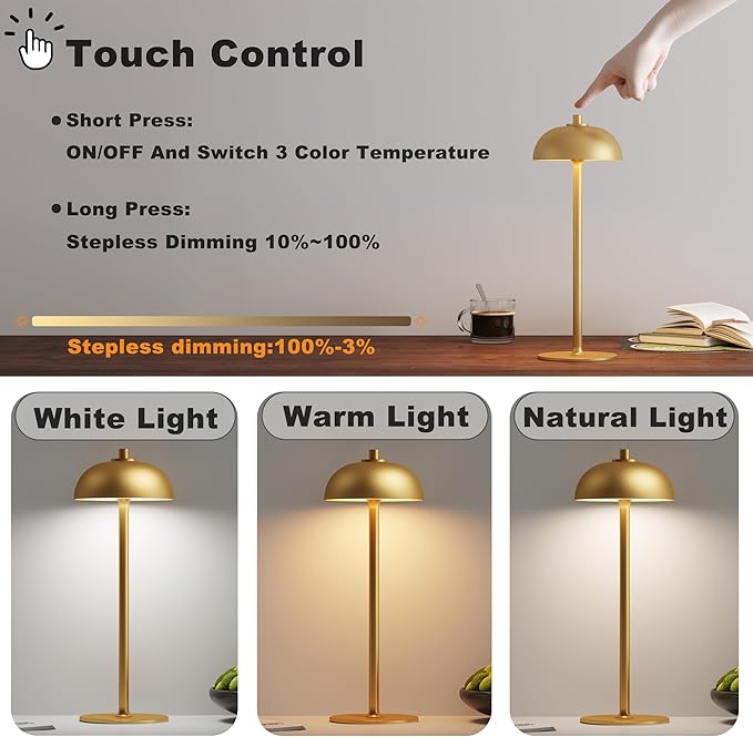 2 Pack Cordless Table Lamp, 5000mAh Portable Rechargeable Table Lamp, 3 Color Modes Stepless Dimming Table Light with Memory Function, for Dinner, Patio, Home, Restaurant.(Gold)