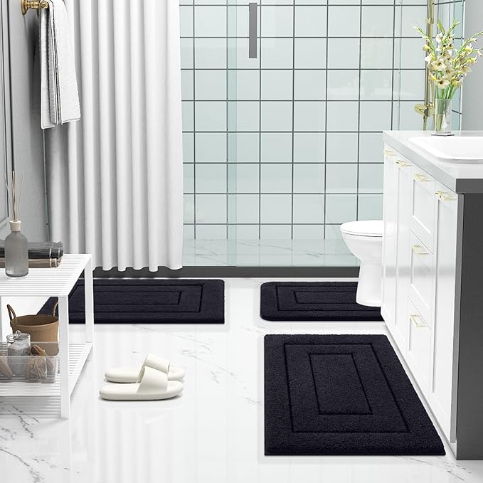 Buganda Bathroom Rugs, 24" x 16", Soft and Absorbent Microfiber Bath Rugs, Non-Slip Shaggy Shower Carpet, Machine Wash Dry Bath Mats for Bathroom Floor, Tub and Shower, Black