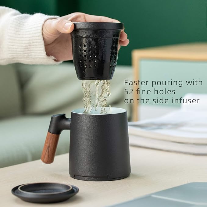 ZENS Tea Cup with Infuser and Lid for Loose Leaf Tea Steeper, 12oz Black Tea Mug with Fine Tea Strainers for Hot Tea Diffusers, Wood Handle Ceramic Tea Mugs Accessories for Tea Lovers Gifts
