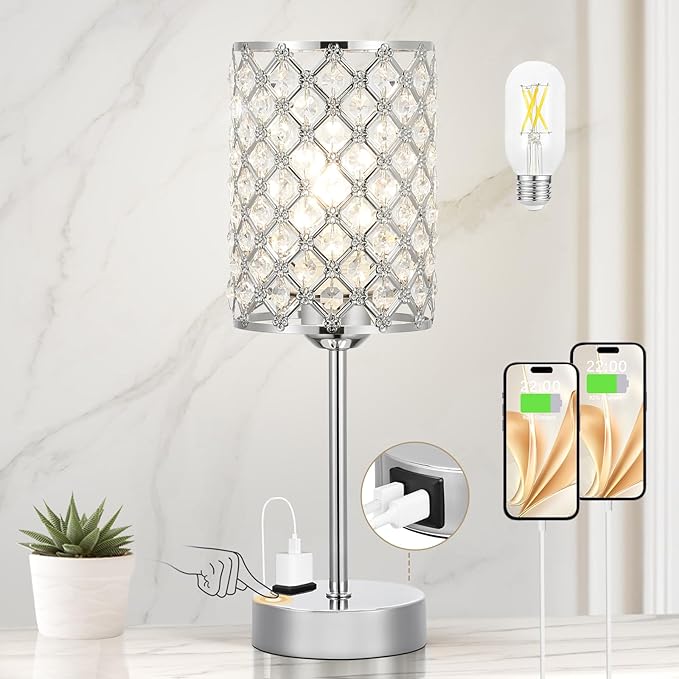 Hong-in Crystal Table Lamp, Crystal Lamp Touch Control with USB-C USB-A Charging Ports & AC Outlets, 3 Way Dimmable Bedside Lamp-Nightstand Lamp Modern Light for Bedroom, Living Room, Bulb Included