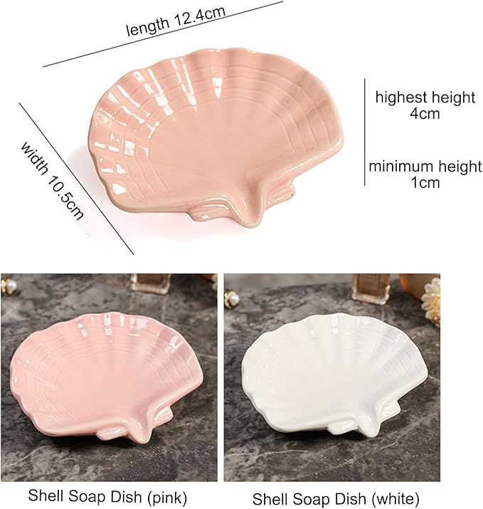 Ceramic Soap Holder, Sea-Shell Soap Tray with Self Draining, Soap Tray for Sink Washroom Bathroom Shower, Small Cute and Elegant Holder with Glaze, Easy Cleaning (White)