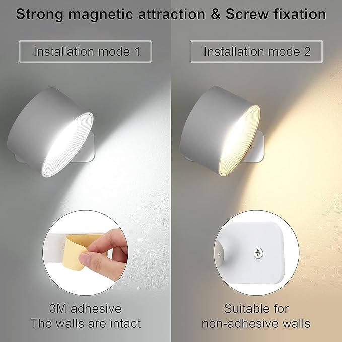 Lightess 2PC LED Wall Sconces, 19 Colors Dimmable Wall Mounted Lamp with Rechargeable Battery Operated USB, 360°Rotate Magnetic Ball, Touch & Remote Control, Cordless Wall Light for Reading-White