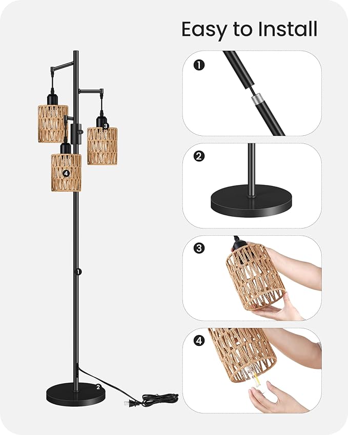 Dimmable Floor Lamp, Farmhouse Tall Standing 70.3" Tree Lamp with 3 Rope Woven Lampshades, Boho Rattan Floor Lights, 4W 3 LED Bulbs Included, for Living Room, Bedroom, Study, Office B03LD05