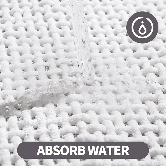 Washable Bathroom Rugs: 47x20 White Runner Bath Mat – Non Slip Chenille Bathmat for Bathroom Floor & Shower