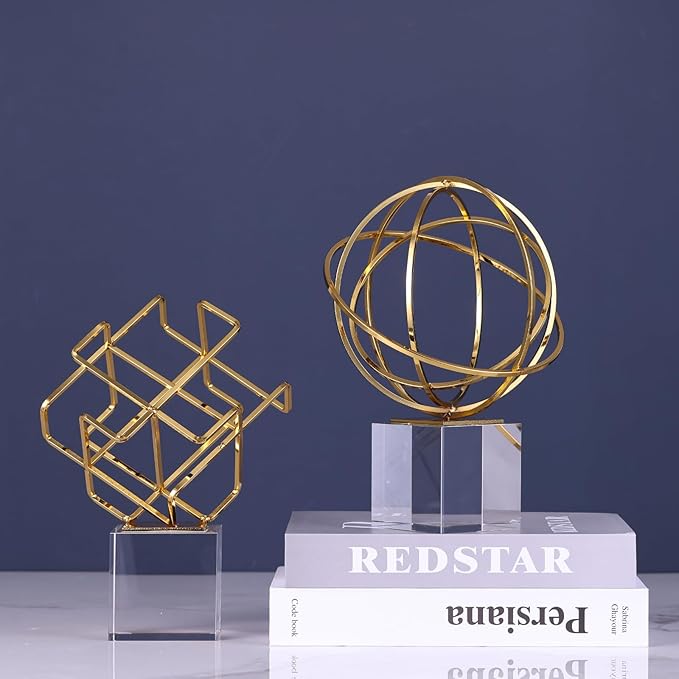 DOVDOV Gold Geometric Decoration, Metal Geometric Knot Statue with Crystal Base, Unique Home Decor for Room Office Display Shelf Entryway Model Home Decor