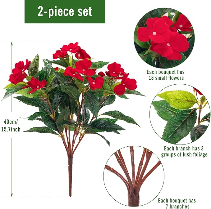 Artificial Impatiens Bouquet Flowers for Outdoors Silk Faux Flowers for Outdoor Impatiens Plants Decor Indoor Planters Kitchen Planters and Balcony Decorations 2PCS (Red)