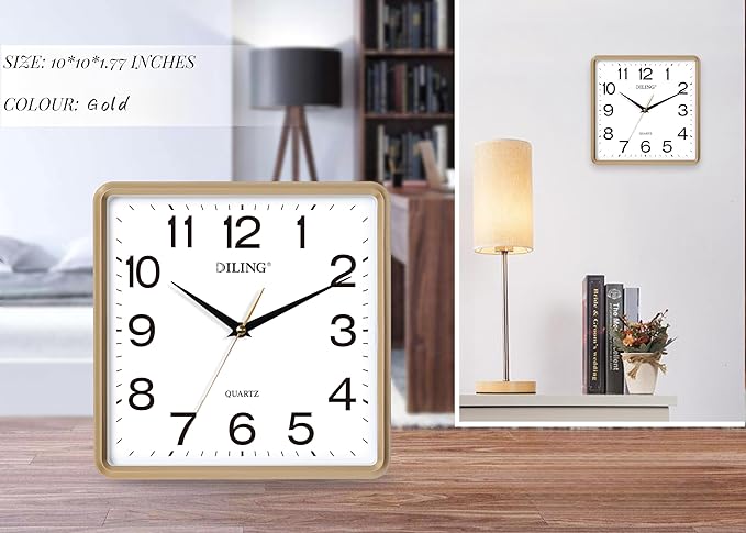 10 Inch Square Wall Clock Silent Non Ticking Quality Quartz High Accuracy Battery Operated Office Living Room Bedroom Kitchen or Study Decor