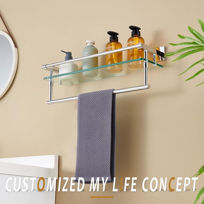 KOKOSIRI Bathroom Shelves with Towel Holder Rustproof 20'' Bathroom Tempered Glass Shelf with Rails Wall Mounted Stainless Steel, Polished Chrome Finish, B1103CH-L20